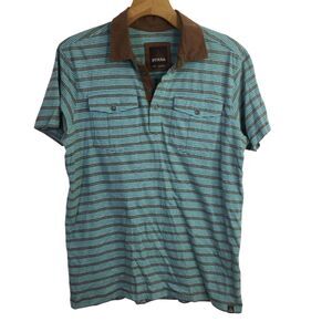 Prana Mens Striped Organic Cotton Polo Shirt Short Sleeves Blue Size Medium